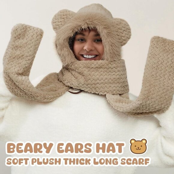 Women\'s Khaki Hooded Scarf Cute Bear Ear Hat Faux Fur Gloves Set Soft main image 5